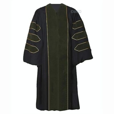 ''Black American Doctoral Gown with Olive Green Piping''>