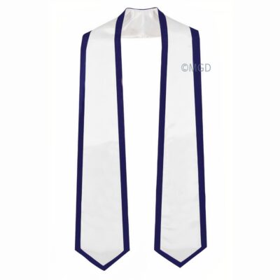 ''White Graduation Stole with Navy Blue Piping''>